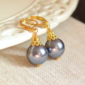 Charcoal Grey and Gold Christmas Ball Earrings